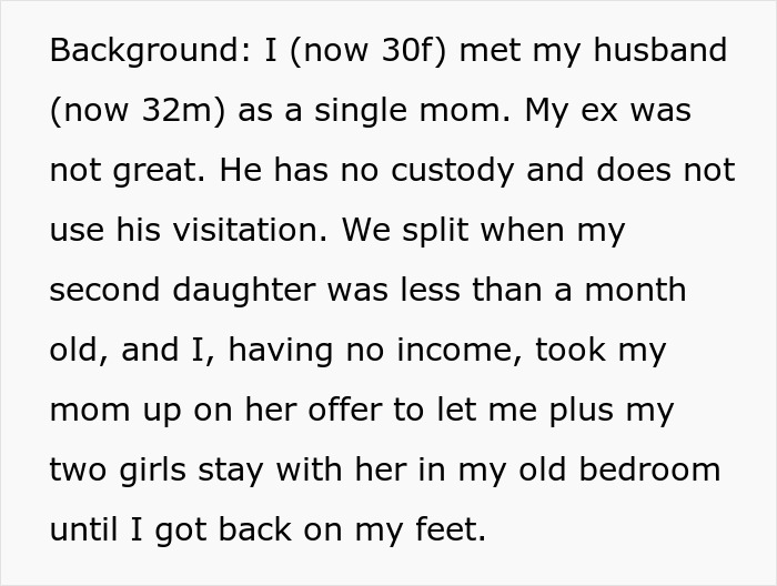 Text excerpt showing a woman sharing a dramatic story about her mom and family struggles as a single mom.
