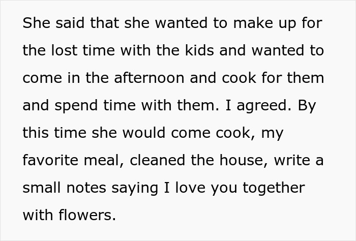 Text describing a woman trying to make amends after an affair, hoping to cancel the divorce.