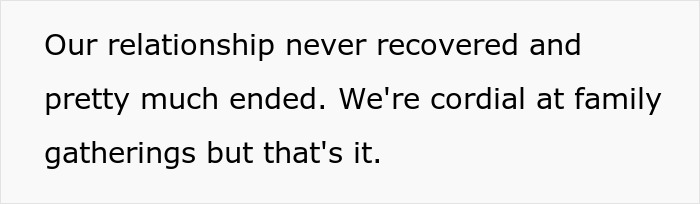 Text on a white background stating a relationship ended but remains cordial at family gatherings.