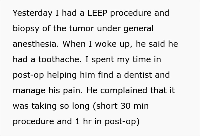Text detailing a cervical cancer patient's experience post-op, with her husband focused on a toothache instead of her.