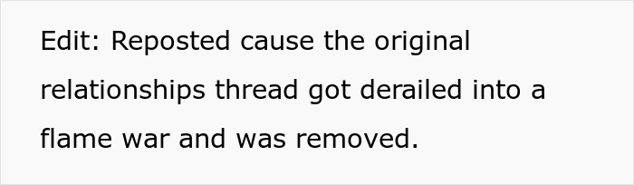 Text excerpt explaining repost due to relationship thread derailing into a flame war and removal.