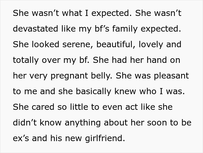 Text from an article describing an ex-wife with a baby bump, looking serene and over her ex-husband.