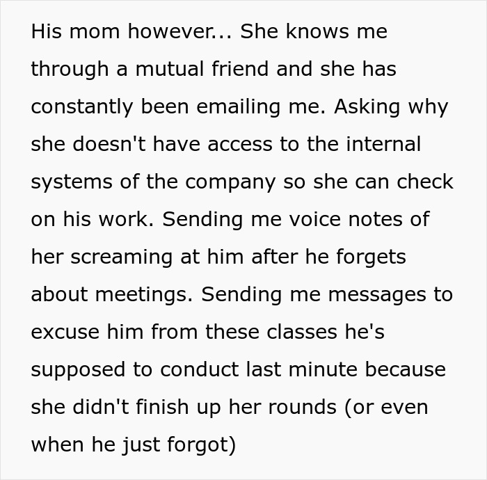 Text excerpt describing a mother interfering at work by monitoring and excusing her kid’s work duties. Text excerpt describing a mother interfering at work by monitoring and excusing her kid’s work duties.