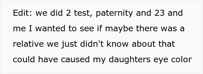 A sobreposição de texto explica que uma mulher realizou um teste de DNA de paternidade para entender a cor dos olhos de sua filha e desvendar um segredo obscuro.