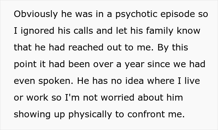 Text excerpt describing ignoring calls from an unstable ex, highlighting risks and concerns about safety in a tense family situation.