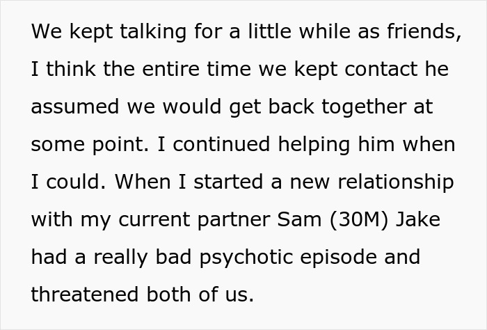 Text excerpt about SIL feeding info to unstable ex, pregnant woman cutting ties after psychotic episode and threats revealed.