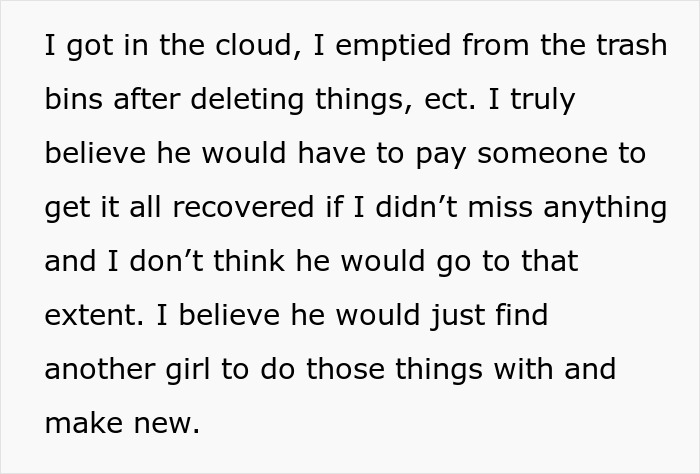 Text excerpt discussing deleting data in the cloud and preventing a boyfriend from recovering files or moving on.