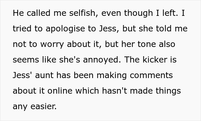 Text describing a family conflict, highlighting a groom's issue with his sis and the bride's dress choice.