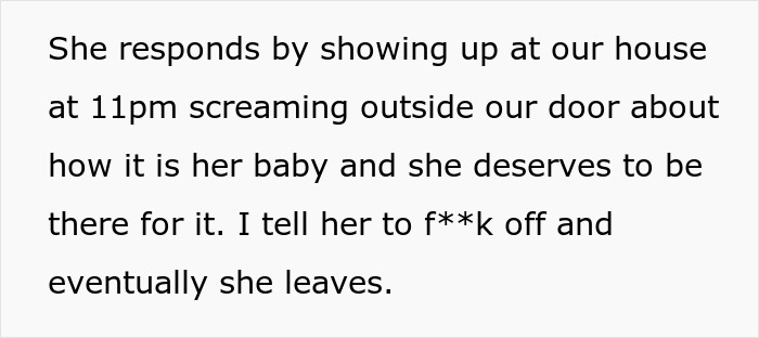 Text describing mom&rsquo;s creepy behavior, showing up late and screaming about her baby, leaving woman shocked and trembling.