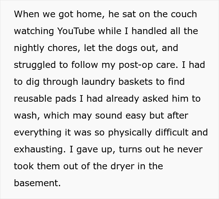 Text describing a wife's exhaustion post-surgery while hubby ignores chores due to a toothache after a cervical cancer diagnosis.