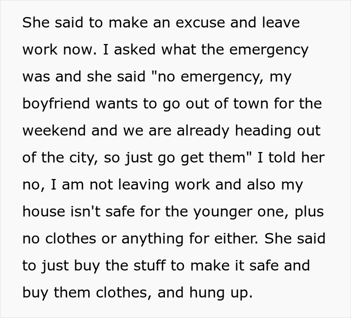 Text excerpt showing a single mom treating friend like a free sitter, expecting her to leave work and care for autistic kid.