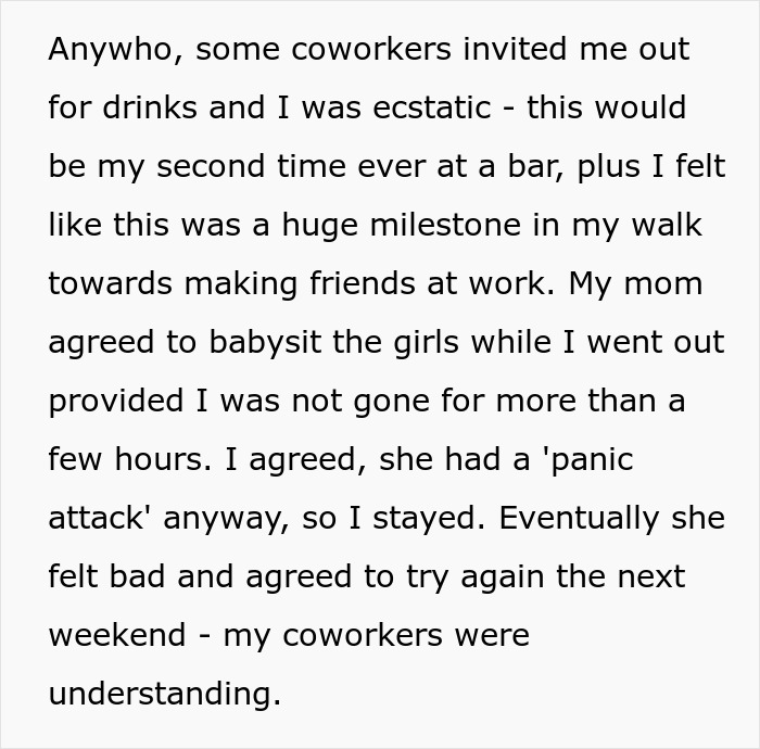 Text describing a woman sharing a crazy story about her mom involving babysitting and emotional challenges.