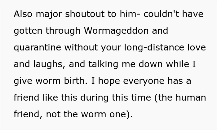Text excerpt about woman surviving quarantine with support while dealing with tapeworms from senior cat, sharing laughs and love.