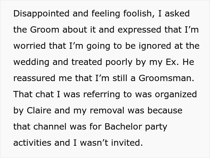Text excerpt about feeling ignored and removed from friend's wedding after ex-girlfriend's actions involving cheating and betrayal.