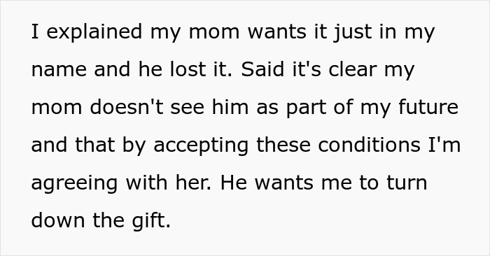 Text on a screen discussing a woman accepting property in her name, upsetting her boyfriend who feels personally attacked.