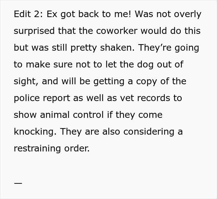 Text update about ex, dog, and coworker ensuring animal control and vet records are managed to protect pet and consider restraining order.