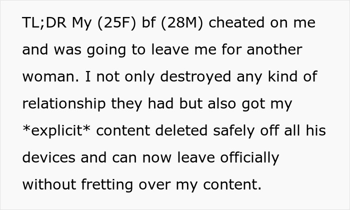 Text explaining how a girlfriend ensures her cheating boyfriend ends up with nobody after planning to leave her for someone else.