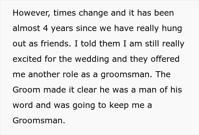 Text excerpt discussing a groom insisting on keeping a groomsman role despite changes in friendships and past cheating.