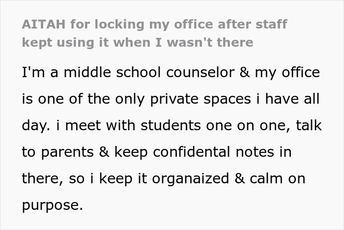 AITA post about locking school office staff from a counselor's private space, emphasizing the need for locking school office.
