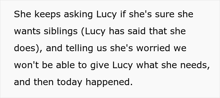 Text excerpt discussing a woman making her sister adopt her kid and concerns about having more siblings.