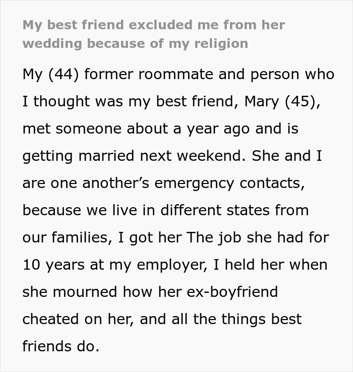 Screenshot of text: "My best friend excluded me from her wedding because of my religion." This Christian bride story sparks discussion.