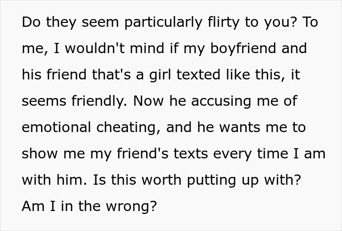 Text message about boyfriend finding girlfriend&rsquo;s male bestie connection problematic, discussing emotional cheating concerns.