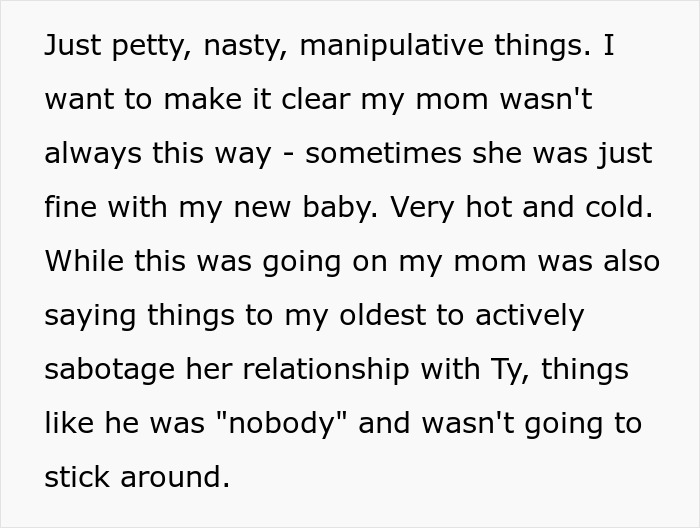 Text describing a woman sharing a crazy story about her mom’s manipulative and soap opera-like behavior.