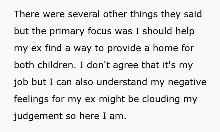 Text from a dad refusing to play savior for his homeless ex and her child, explaining his complex feelings.