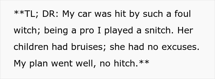 Text snippet describing an entitled woman damaging a guy&rsquo;s car and the consequences involving her bruised kids.