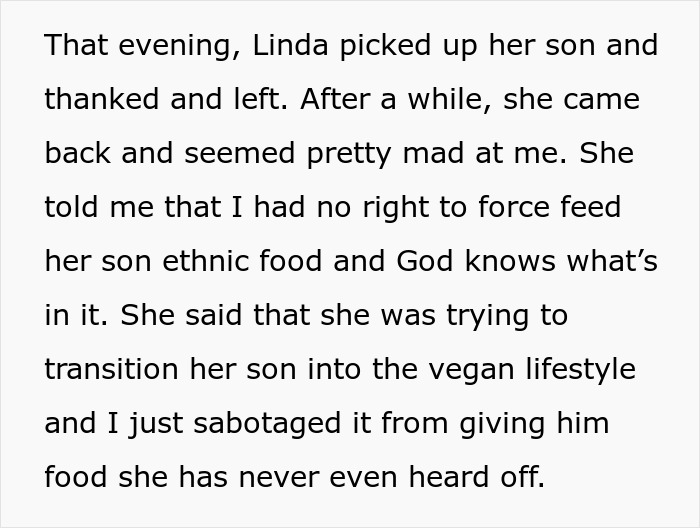 Text: A mother blasts a babysitter for sabotaging her efforts to transition her son into vegan with unapproved food.