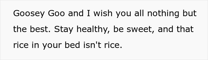 Text on a white background reading a heartfelt message about Goosey Goo, wishing health and sweetness.