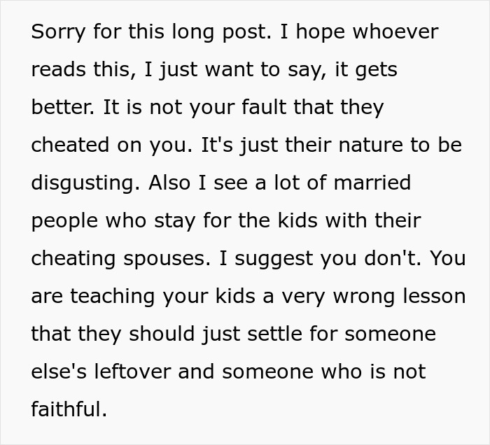 Text post offering support about cheating and teaching kids the wrong lesson about unfaithful spouses and settling in relationships.