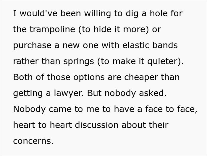 Text excerpt discussing options to modify a trampoline quietly and HOA demands without direct communication.