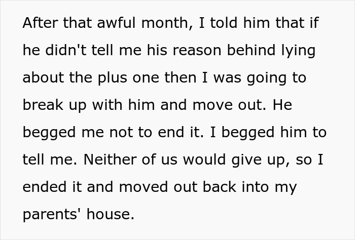 Text excerpt about a girlfriend confronting her boyfriend over a wedding lie, exposing his secret life.