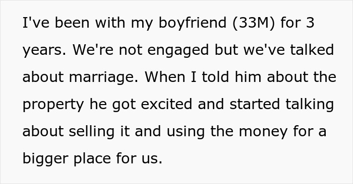 A Reddit post details a woman accepting property in her name, discussing marriage and boyfriend's reaction.