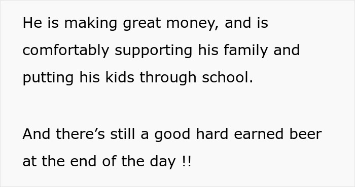 Text about helping an overworked and underpaid friend supporting family and enjoying a hard-earned beer.