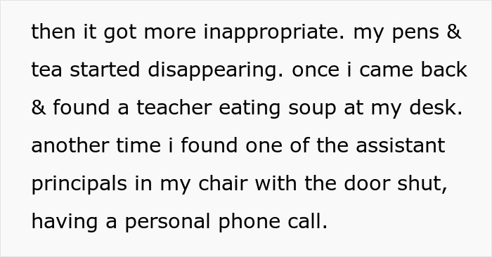 Text detailing inappropriate behavior at school office staff desks, highlighting the need for locking school offices.