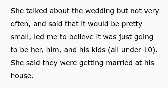 Screenshot of text detailing a small wedding. Christian bride news stirs controversy about excluded friends and gift registries.