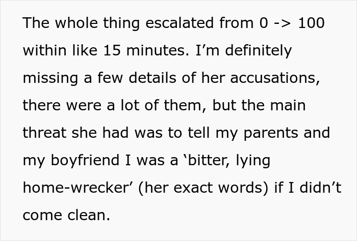 Text excerpt discussing accusations against a woman accused of sleeping with sister&rsquo;s fianc&eacute; and family tensions.