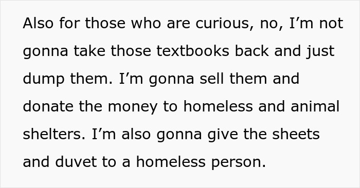Text about selling textbooks and donating money to homeless and animal shelters