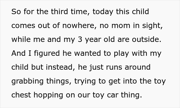 Text describing a toddler escaping home repeatedly to run inside a neighbor&rsquo;s house while the woman feels aghast.