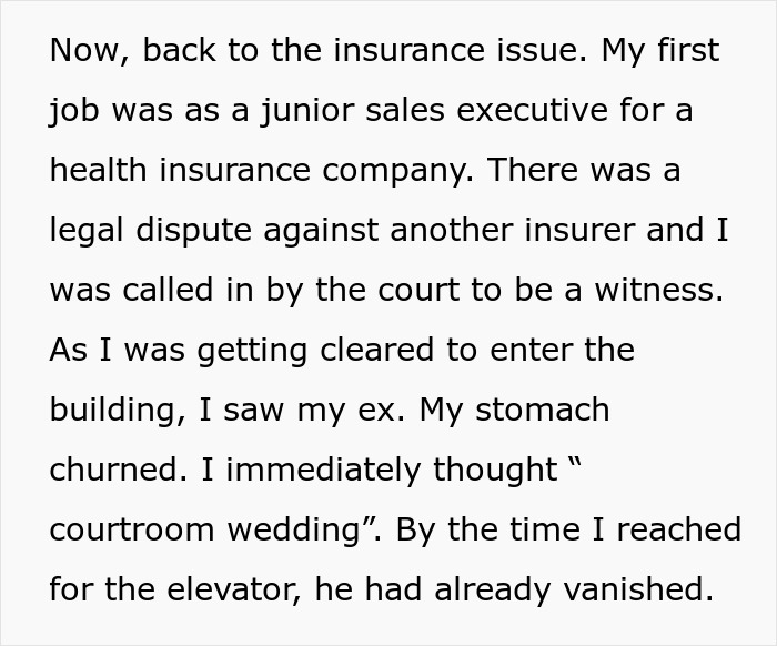 Text excerpt about an insurance legal dispute and a surprising encounter with an ex during a court visit.