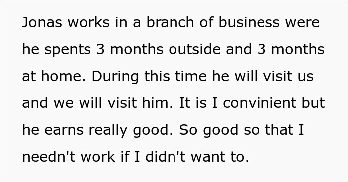 Text explaining Jonas's work-life balance and good earnings, hinting at the husband secret wife situation.