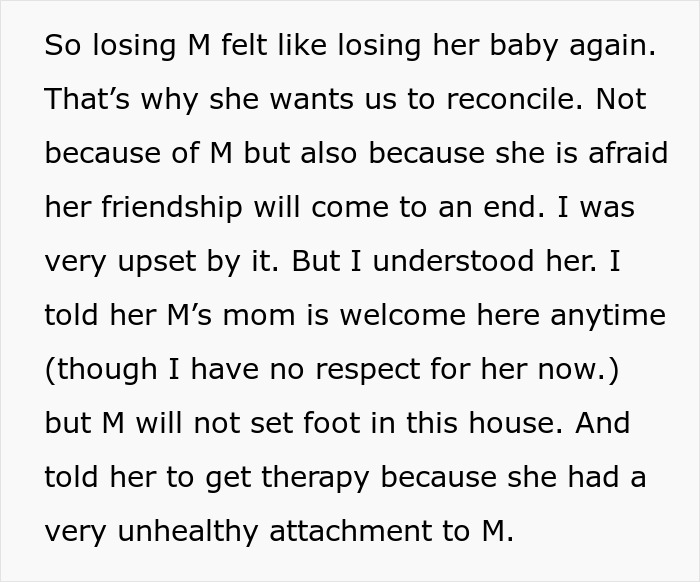 Text excerpt showing a mother urging her daughter to preserve her friendship despite a betrayal over a boy.