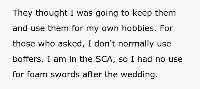 Text excerpt explaining no use for foam swords after a wedding, relating to an ex-girlfriend cheating scenario.