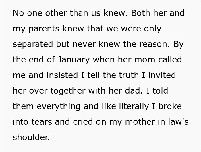 Text from a story, white background, about a woman ruining her marriage. A person cries, discussing their affair and divorce.