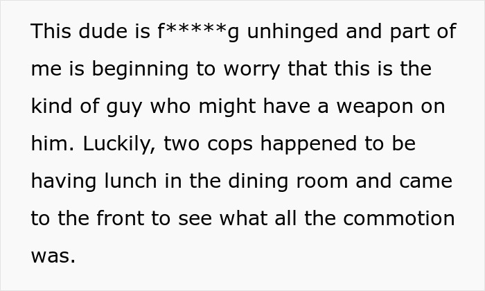 Text on a light background discussing an unhinged driver getting humiliated with two cops present, about someone possibly having a weapon.