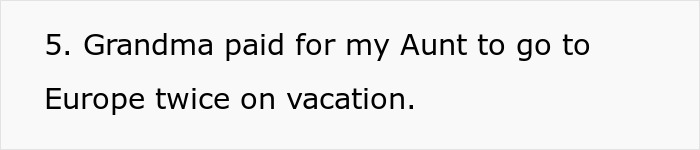 Text snippet showing a statement about grandma paying for an aunt's two vacations to Europe.