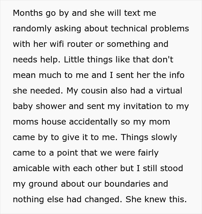 Text describing a woman's experience with her mom&rsquo;s creepy behavior and setting boundaries despite occasional contact.