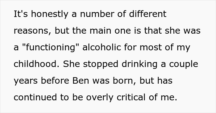 Text snippet about a mother's reaction to her child sleeping in sister's bed, detailing her past as a functioning alcoholic.
